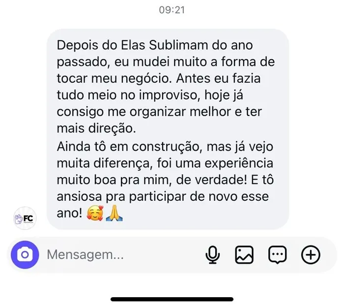 Depoimento de aluna via WhatsApp sobre o Elas Sublimam
