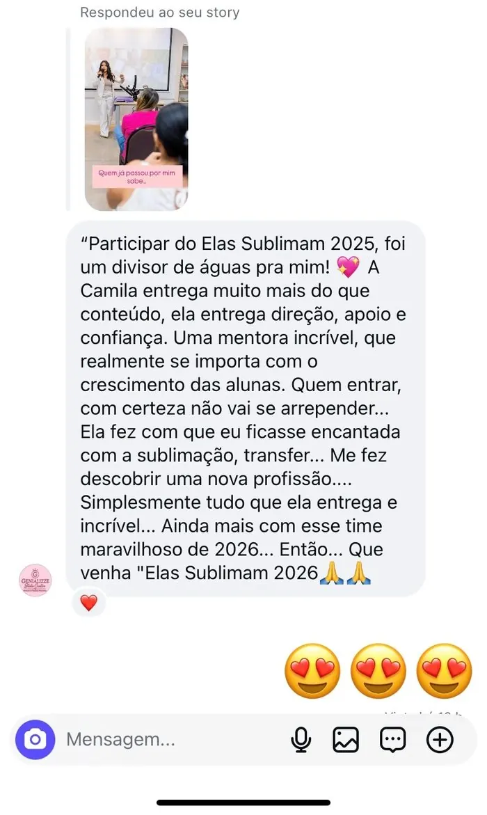 Depoimento de aluna via Instagram sobre o Elas Sublimam 2025