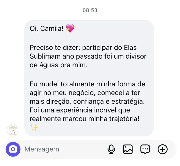 Depoimento de aluna via WhatsApp sobre o Elas Sublimam